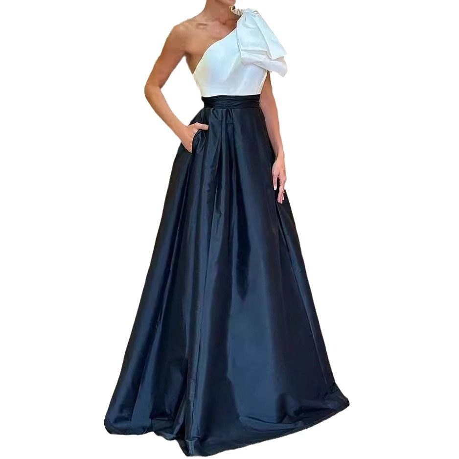 Africa new ladies cross-border independent station Europe and the United States foreign trade women's 2024 summer new line shoulder elegant solid color slit dress