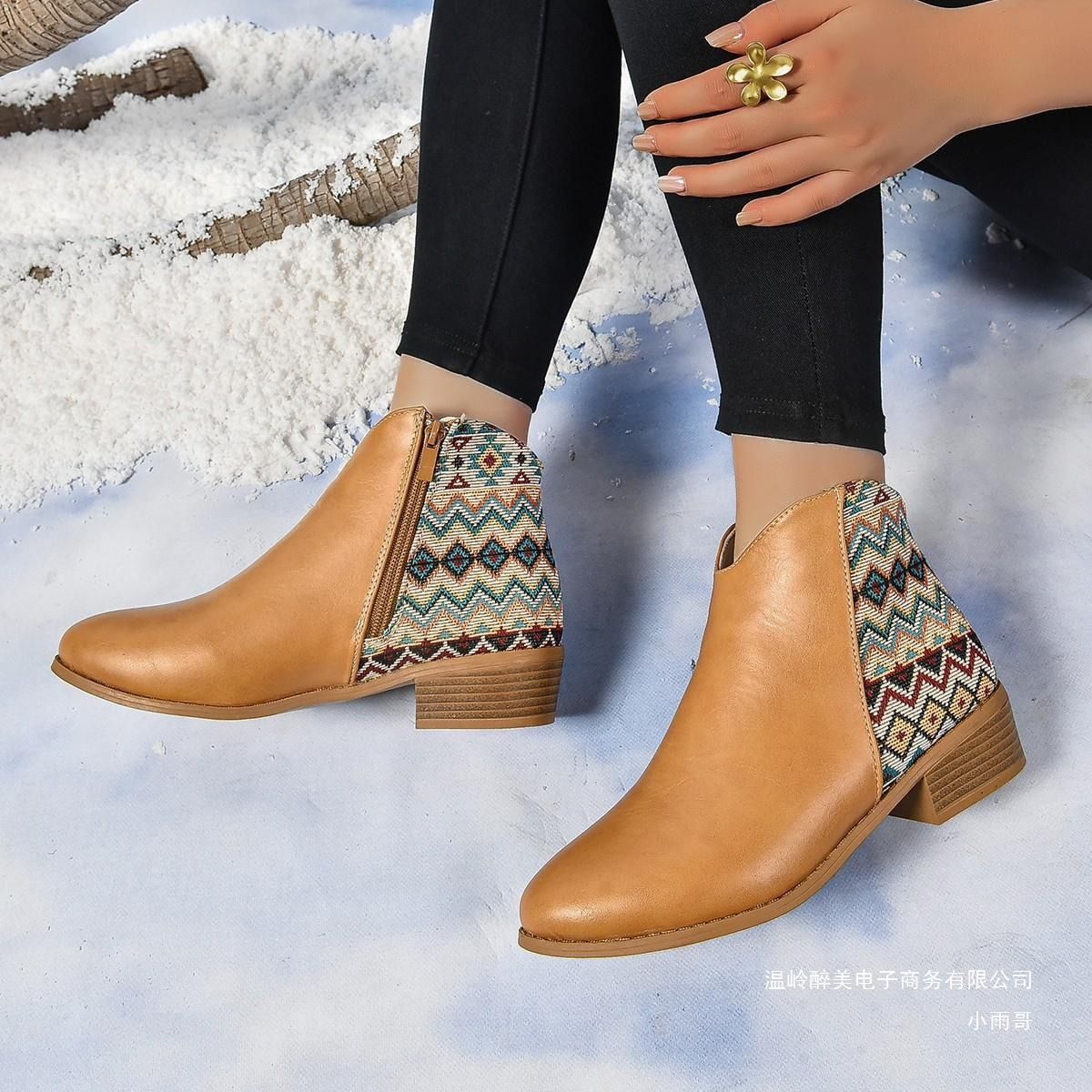 Africa's new European and American foreign trade color matching pointy thick with Martin boots female cross-border V mouth British wind plus cashmere large size short leather boots
