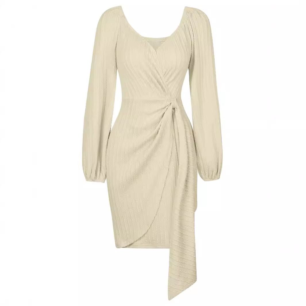 Europe and the United States 2024 trend autumn and winter new Amazon foreign trade trend solid color V-neck slim-fit women tied waist dress