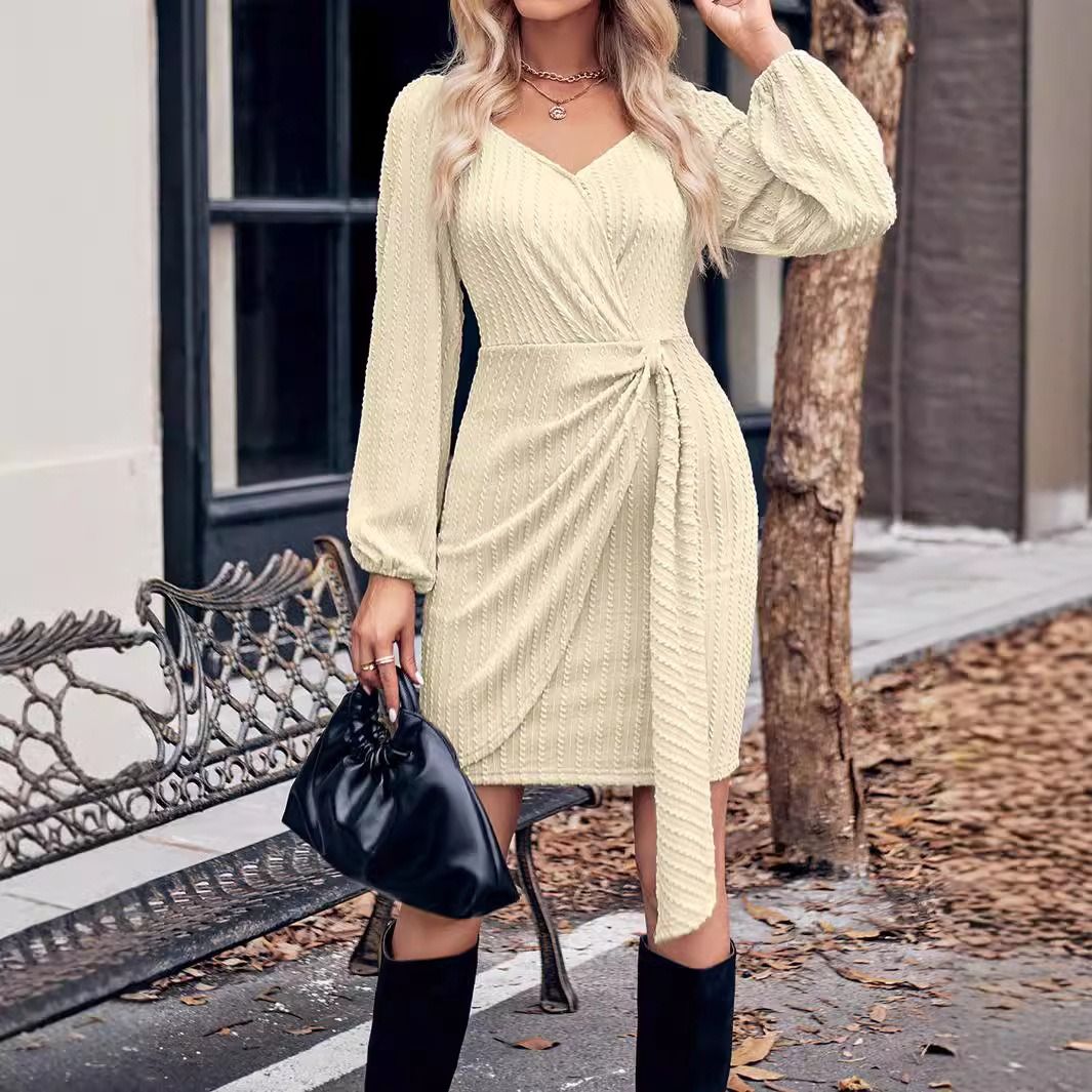 Europe and the United States 2024 trend autumn and winter new Amazon foreign trade trend solid color V-neck slim-fit women tied waist dress