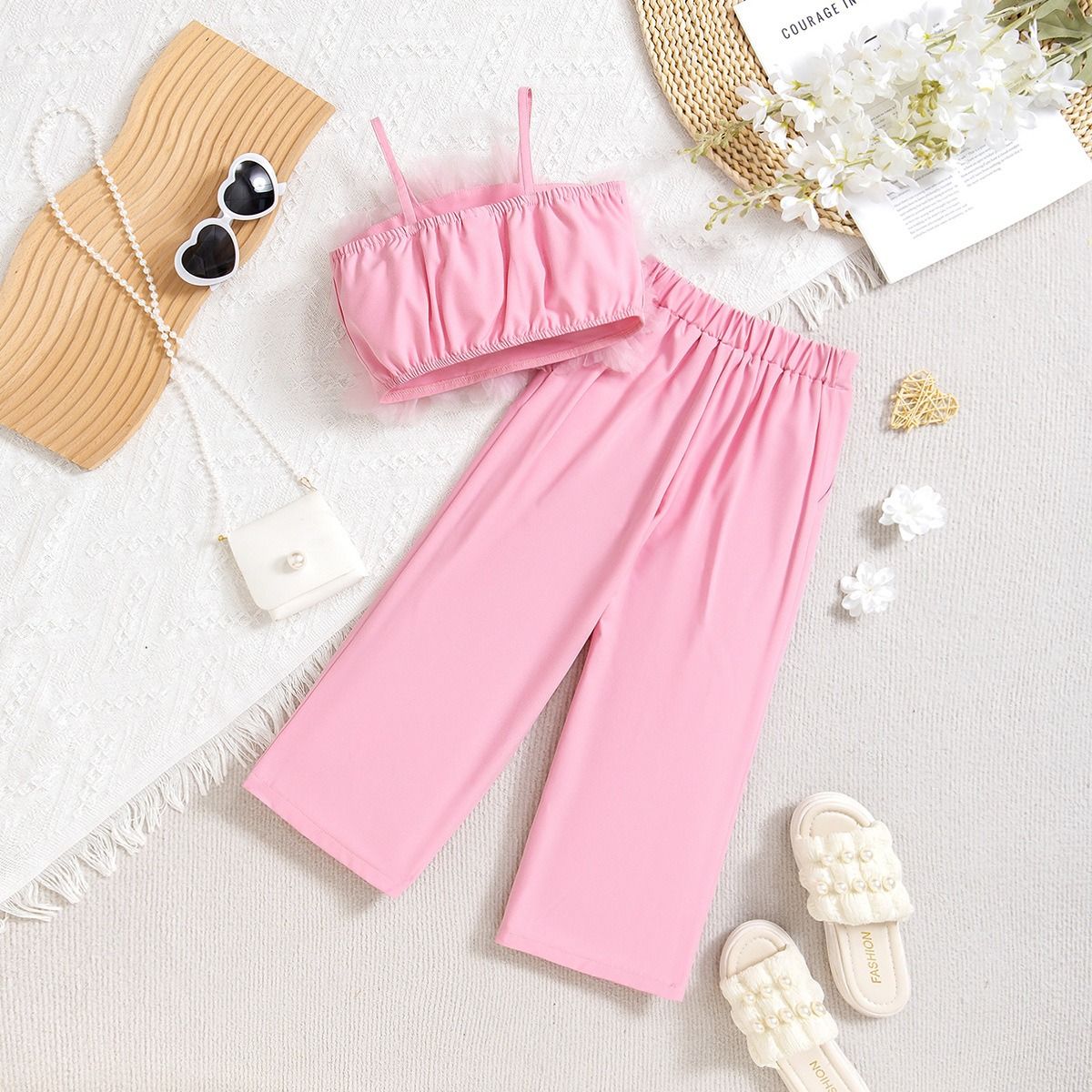 2024 Foreign trade cross-border children's wear Europe and the United States mesh three-dimensional flower chest halter top slim suit pants suit