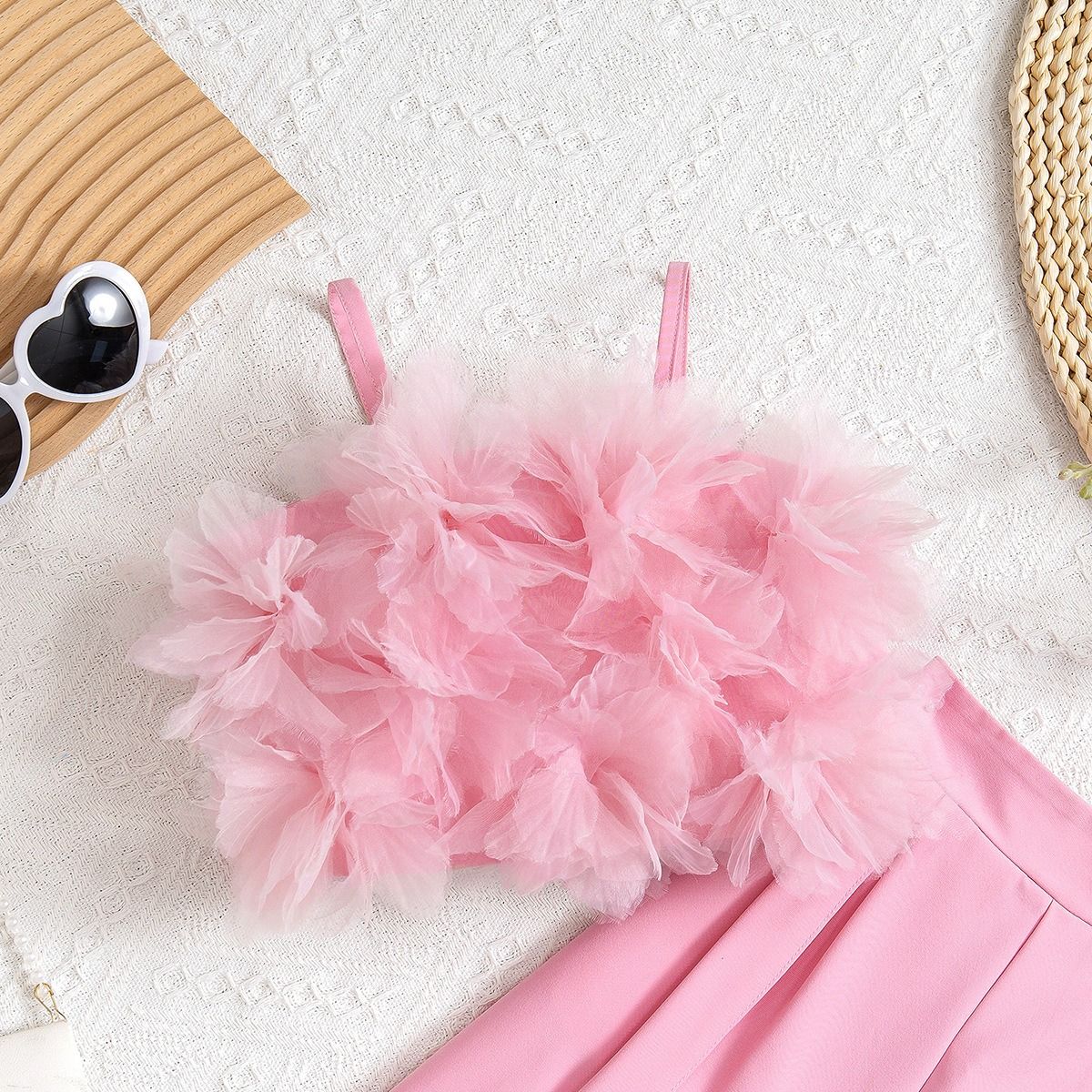 2024 Foreign trade cross-border children's wear Europe and the United States mesh three-dimensional flower chest halter top slim suit pants suit