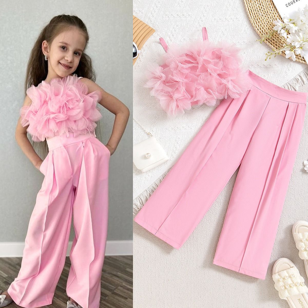 2024 Foreign trade cross-border children's wear Europe and the United States mesh three-dimensional flower chest halter top slim suit pants suit
