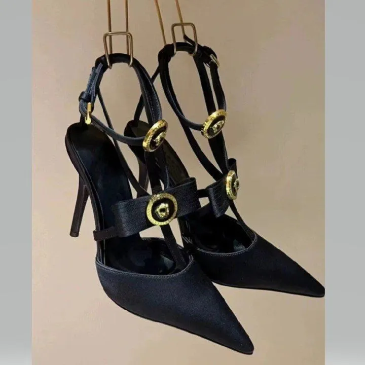 2024 new bow thin heel pointed bun sexy Roman line with high heels Black pink line with sandals sandals women