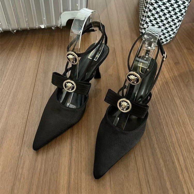 2024 new bow thin heel pointed bun sexy Roman line with high heels Black pink line with sandals sandals women