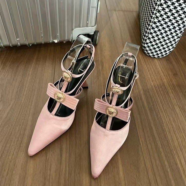 2024 new bow thin heel pointed bun sexy Roman line with high heels Black pink line with sandals sandals women