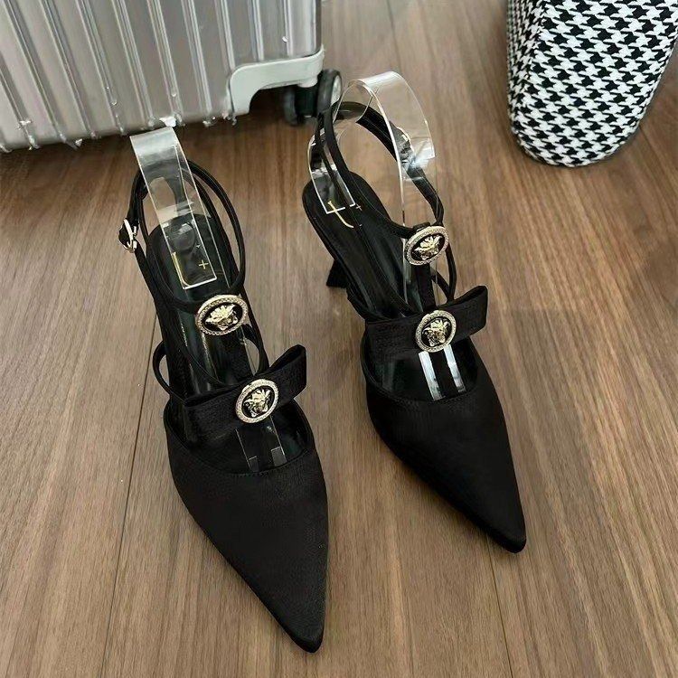 2024 new bow thin heel pointed bun sexy Roman line with high heels Black pink line with sandals sandals women