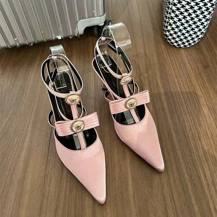 2024 new bow thin heel pointed bun sexy Roman line with high heels Black pink line with sandals sandals women