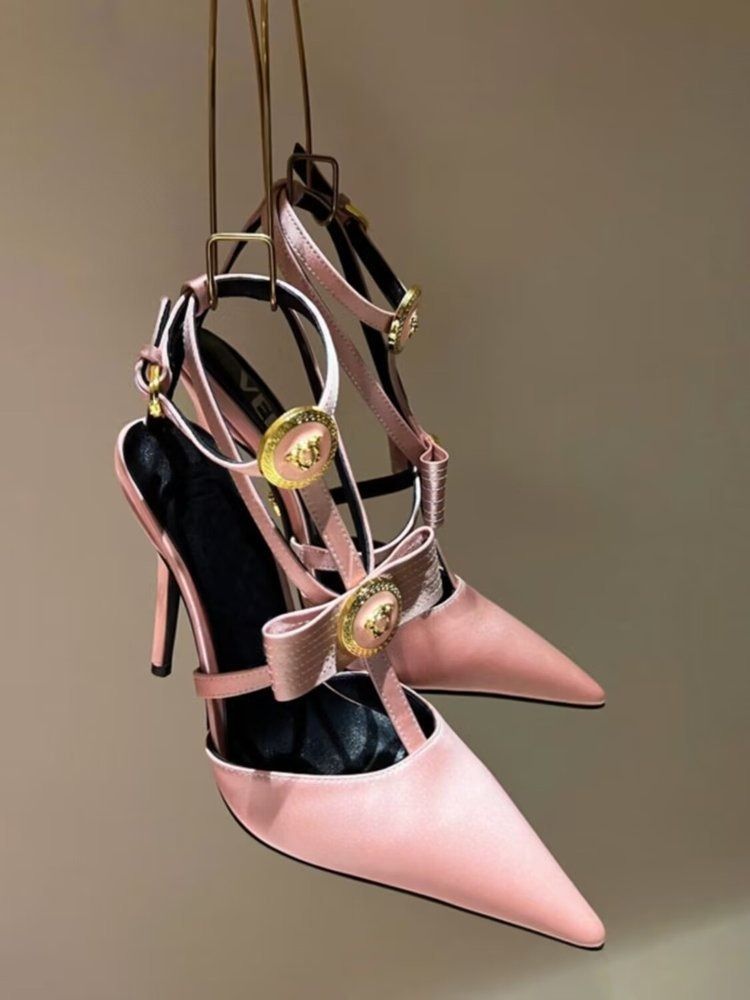 2024 new bow thin heel pointed bun sexy Roman line with high heels Black pink line with sandals sandals women