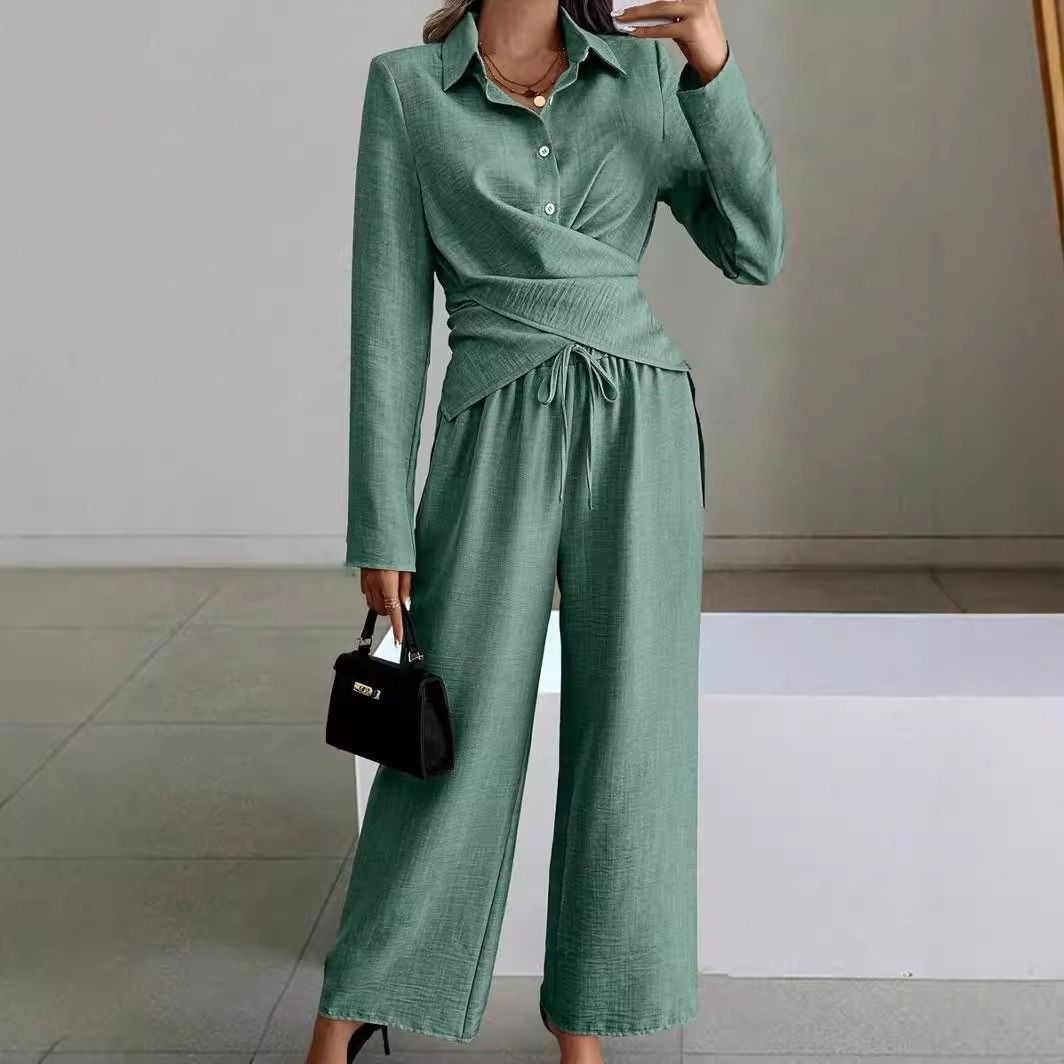 Africa's new cross-border Amazon quality new Europe and the United States women's 2024 autumn and winter solid color suit long sleeve lace-up two sets of women