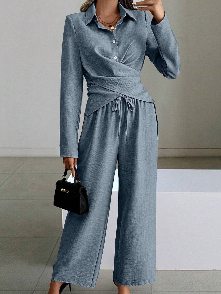 Africa's new cross-border Amazon quality new Europe and the United States women's 2024 autumn and winter solid color suit long sleeve lace-up two sets of women