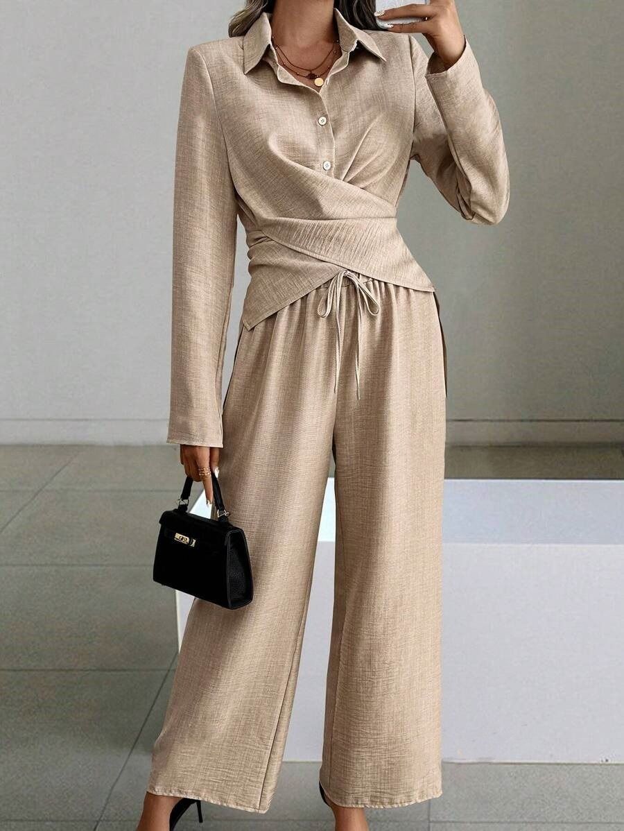 Africa's new cross-border Amazon quality new Europe and the United States women's 2024 autumn and winter solid color suit long sleeve lace-up two sets of women