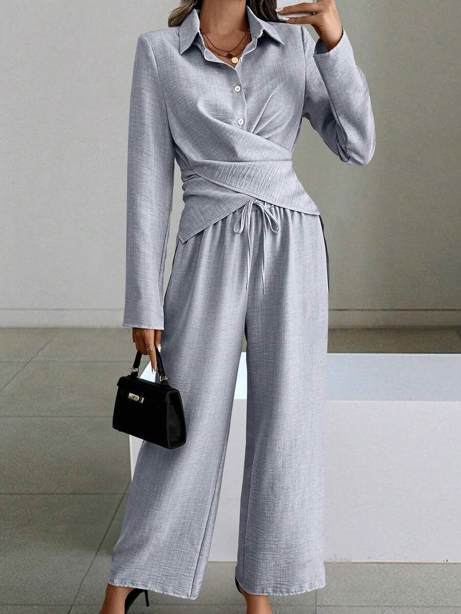 Africa's new cross-border Amazon quality new Europe and the United States women's 2024 autumn and winter solid color suit long sleeve lace-up two sets of women