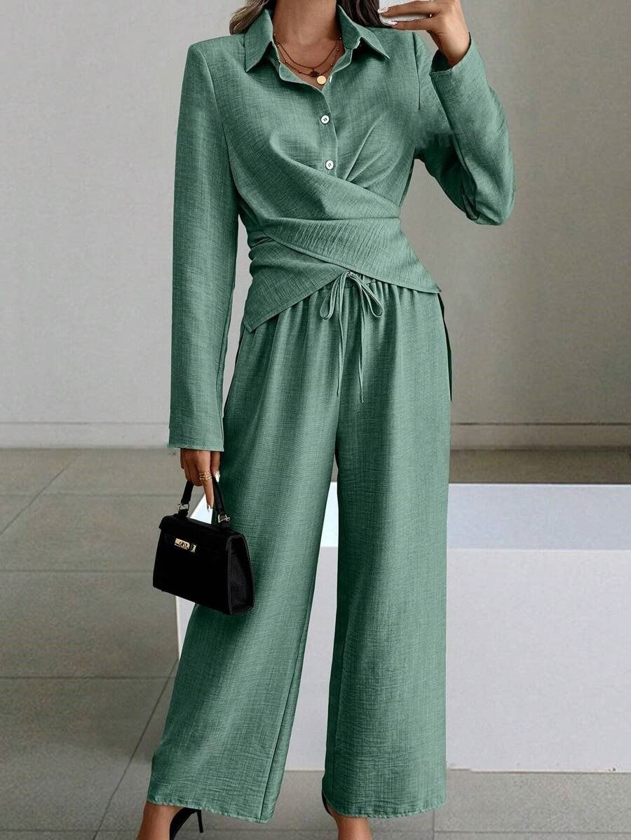 Africa's new cross-border Amazon quality new Europe and the United States women's 2024 autumn and winter solid color suit long sleeve lace-up two sets of women