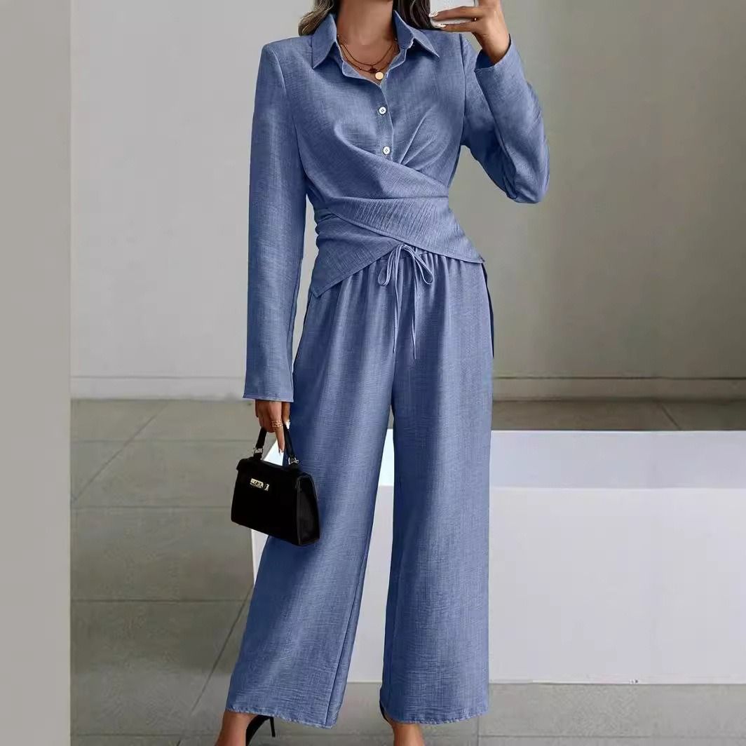 Africa's new cross-border Amazon quality new Europe and the United States women's 2024 autumn and winter solid color suit long sleeve lace-up two sets of women