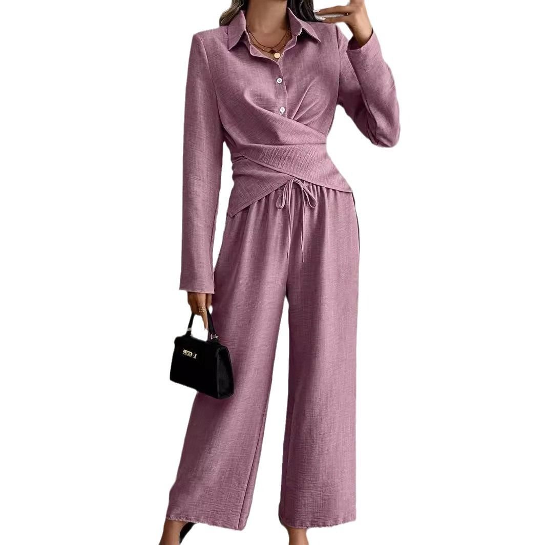 Africa's new cross-border Amazon quality new Europe and the United States women's 2024 autumn and winter solid color suit long sleeve lace-up two sets of women