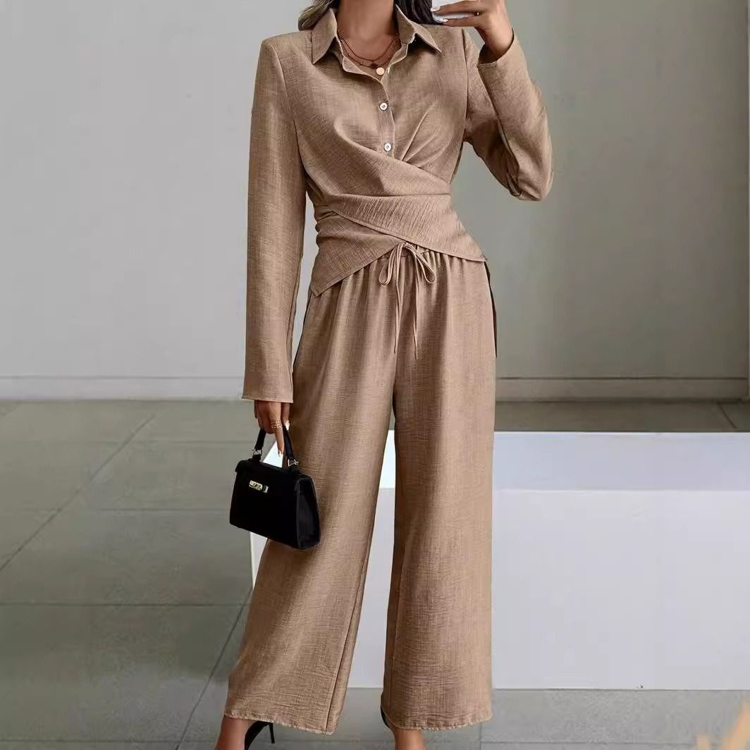 Africa's new cross-border Amazon quality new Europe and the United States women's 2024 autumn and winter solid color suit long sleeve lace-up two sets of women