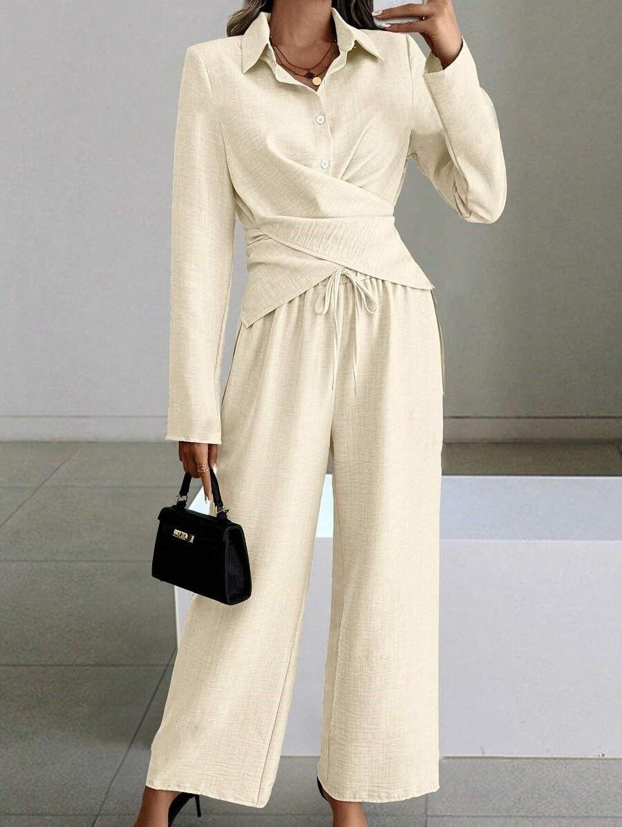 Africa's new cross-border Amazon quality new Europe and the United States women's 2024 autumn and winter solid color suit long sleeve lace-up two sets of women