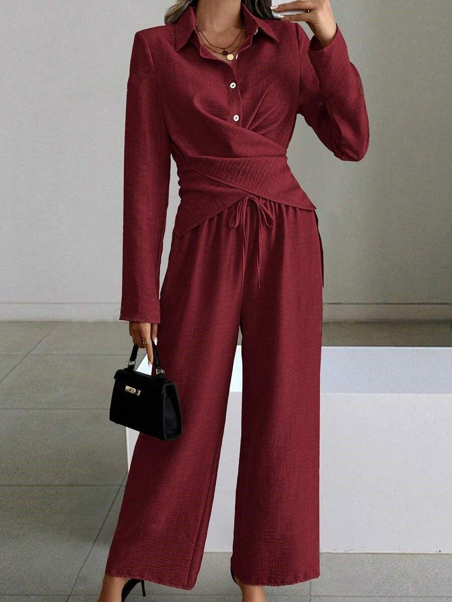 Africa's new cross-border Amazon quality new Europe and the United States women's 2024 autumn and winter solid color suit long sleeve lace-up two sets of women