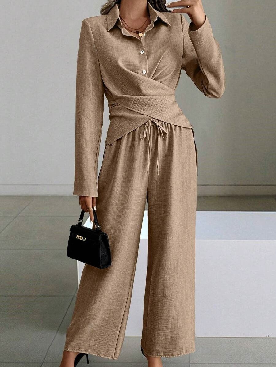 Africa's new cross-border Amazon quality new Europe and the United States women's 2024 autumn and winter solid color suit long sleeve lace-up two sets of women