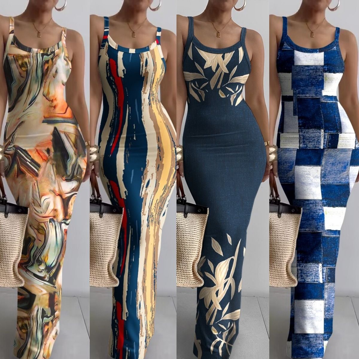 Africa's new cross-border Amazon AliExpress hot slip dress 2024 summer new slim-fit maxi skirt print dress