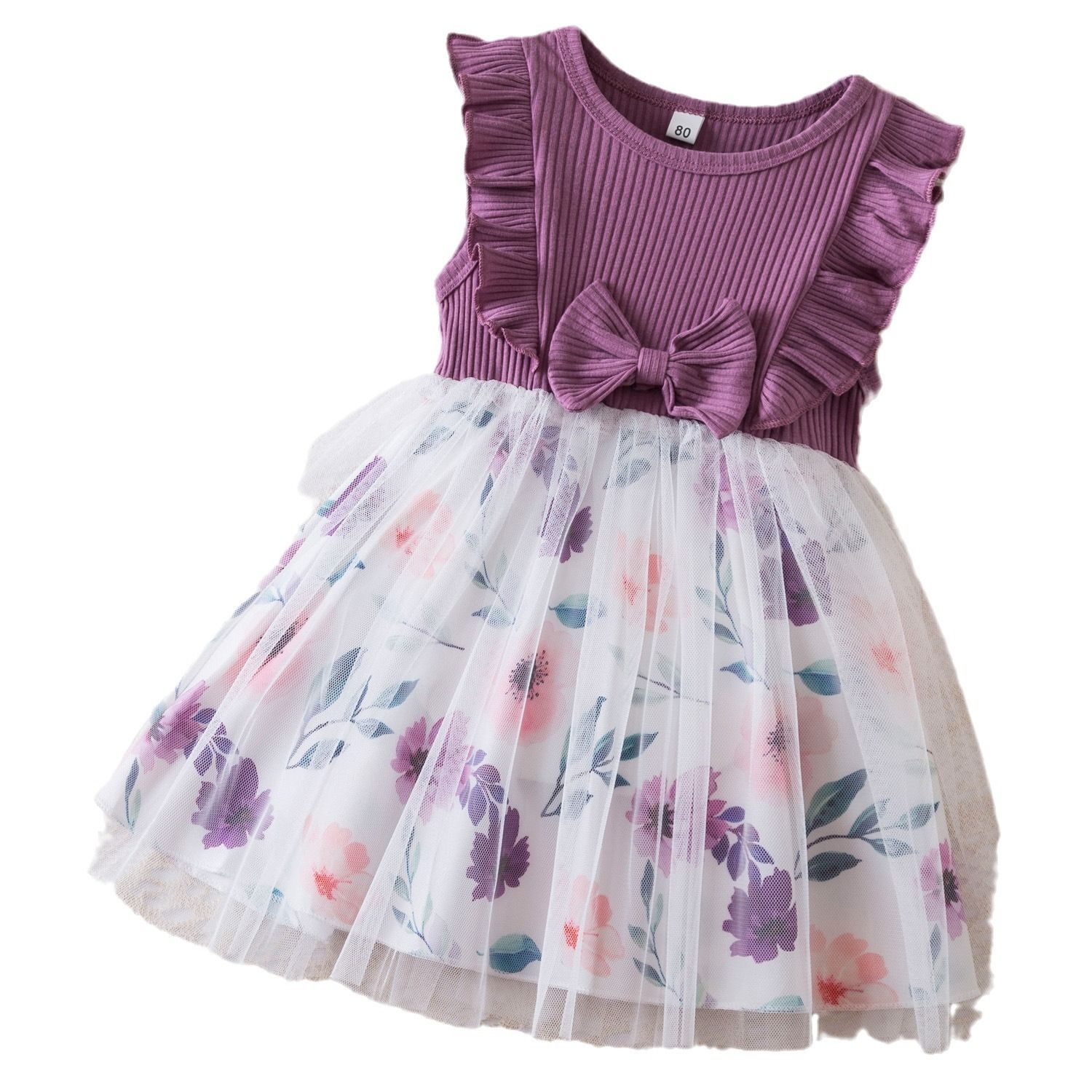 2024 summer new girls' dress Korean version flying sleeve printed mesh princess dress baby baby day dress dress