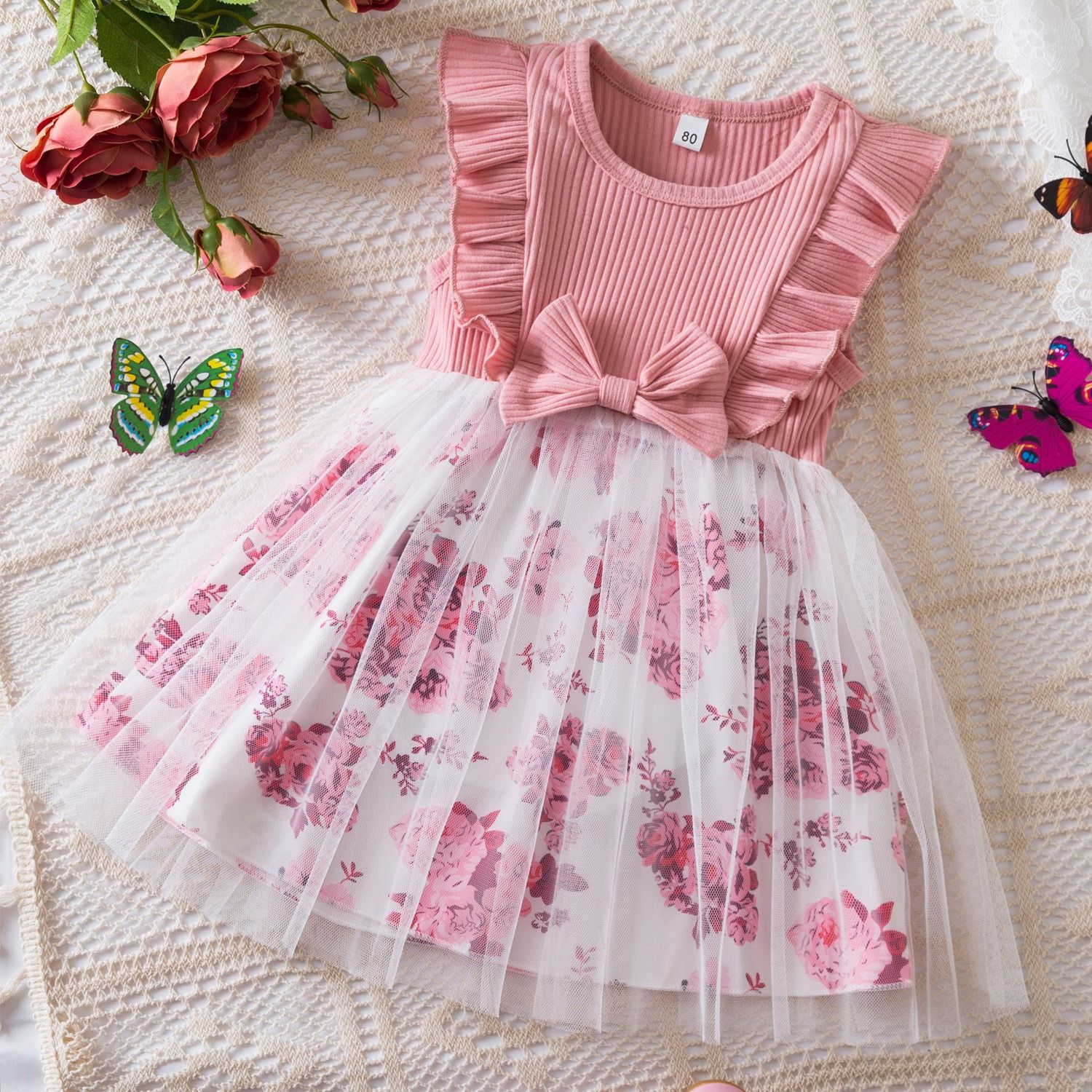 2024 summer new girls' dress Korean version flying sleeve printed mesh princess dress baby baby day dress dress