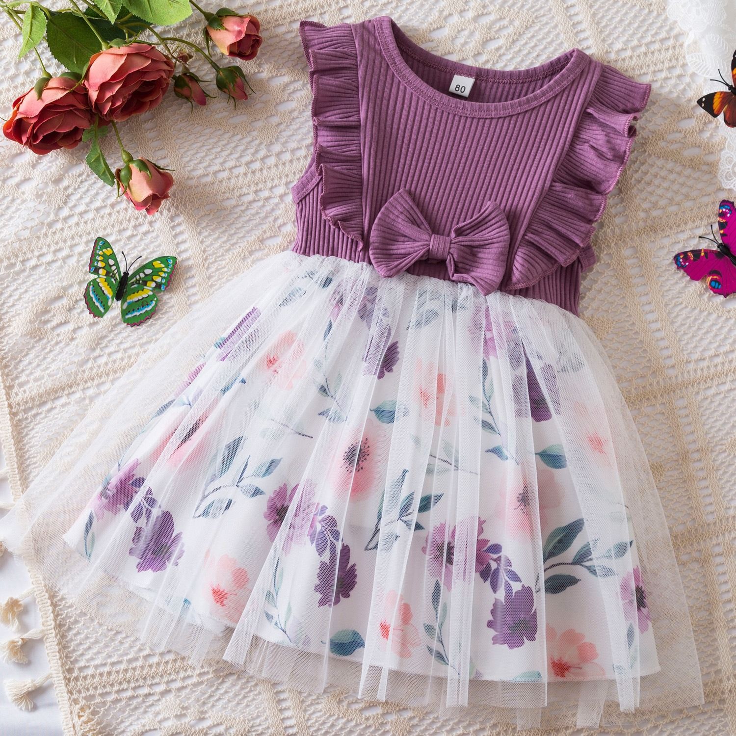 2024 summer new girls' dress Korean version flying sleeve printed mesh princess dress baby baby day dress dress