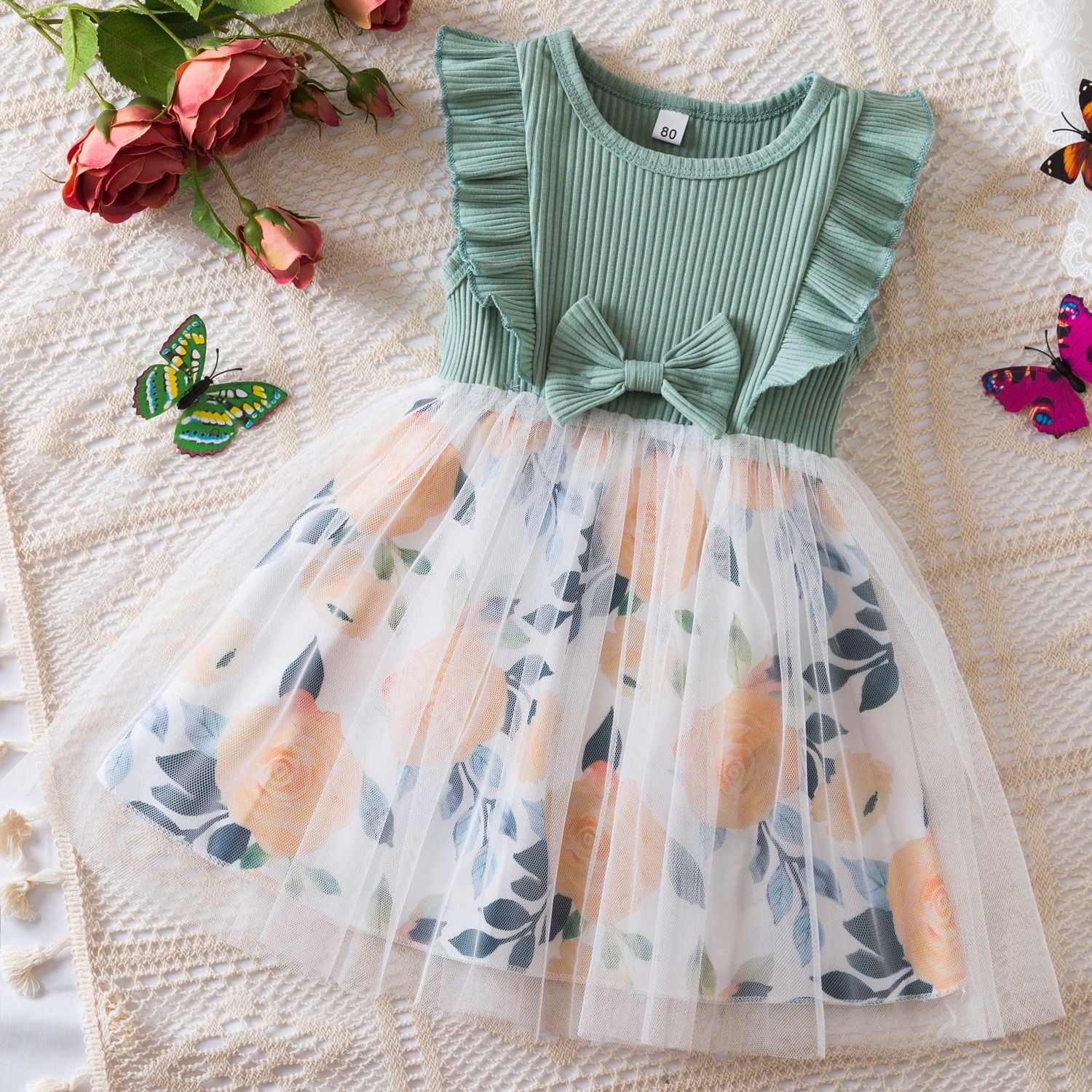 2024 summer new girls' dress Korean version flying sleeve printed mesh princess dress baby baby day dress dress