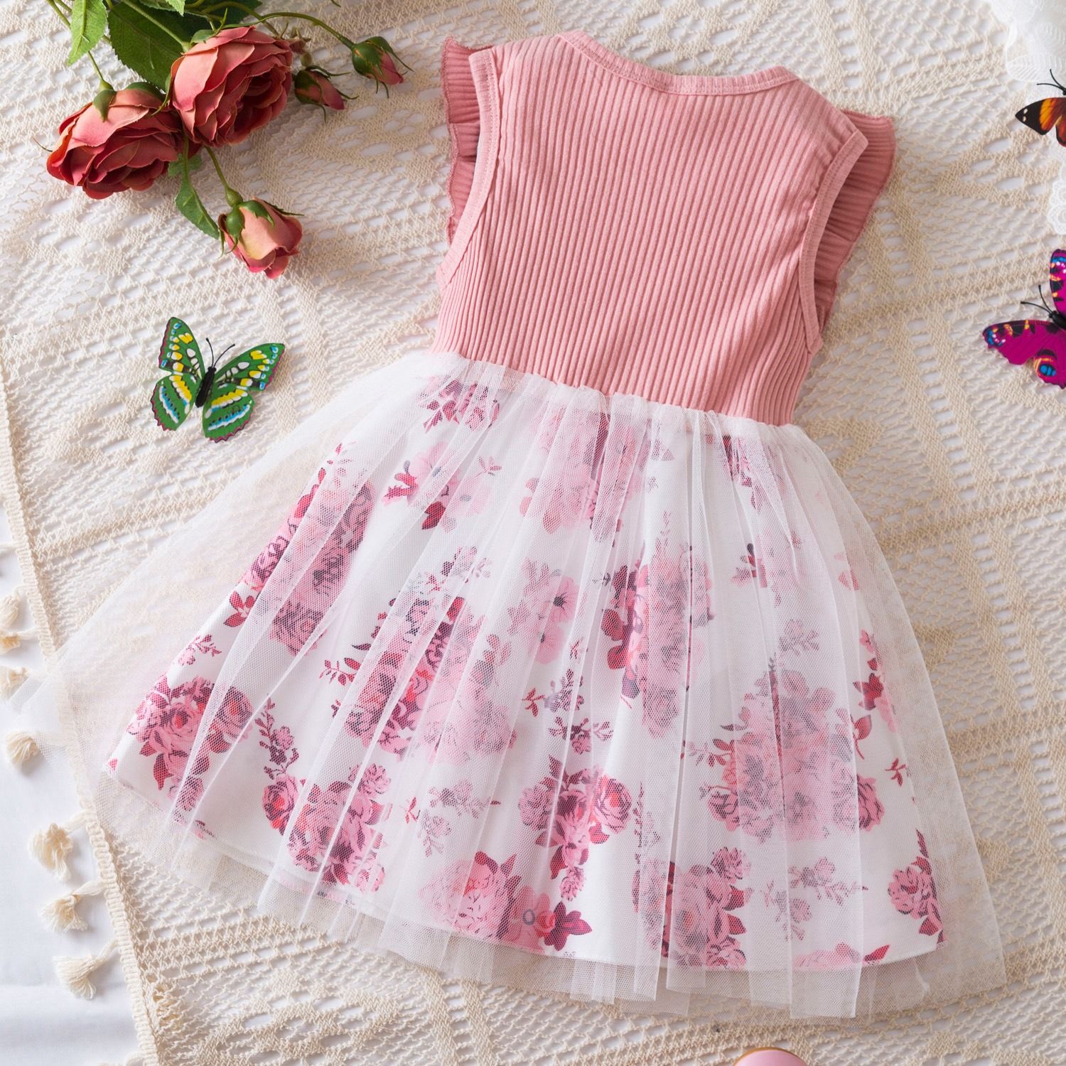 2024 summer new girls' dress Korean version flying sleeve printed mesh princess dress baby baby day dress dress