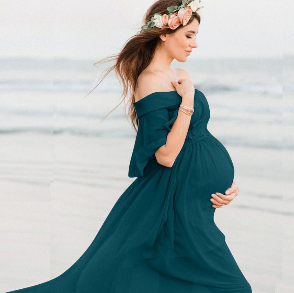 2024 Cross-border AliExpress Europe and America Chiffon pregnant women sexy loose train one shoulder maternity dress