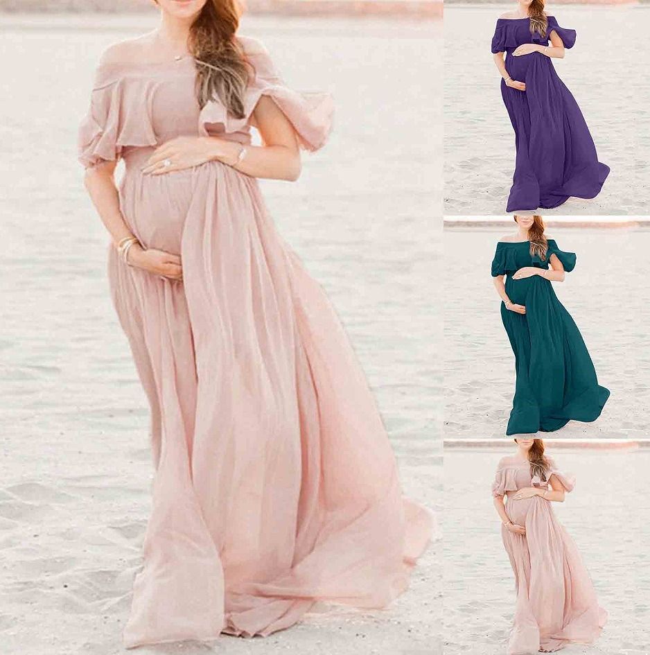 2024 Cross-border AliExpress Europe and America Chiffon pregnant women sexy loose train one shoulder maternity dress