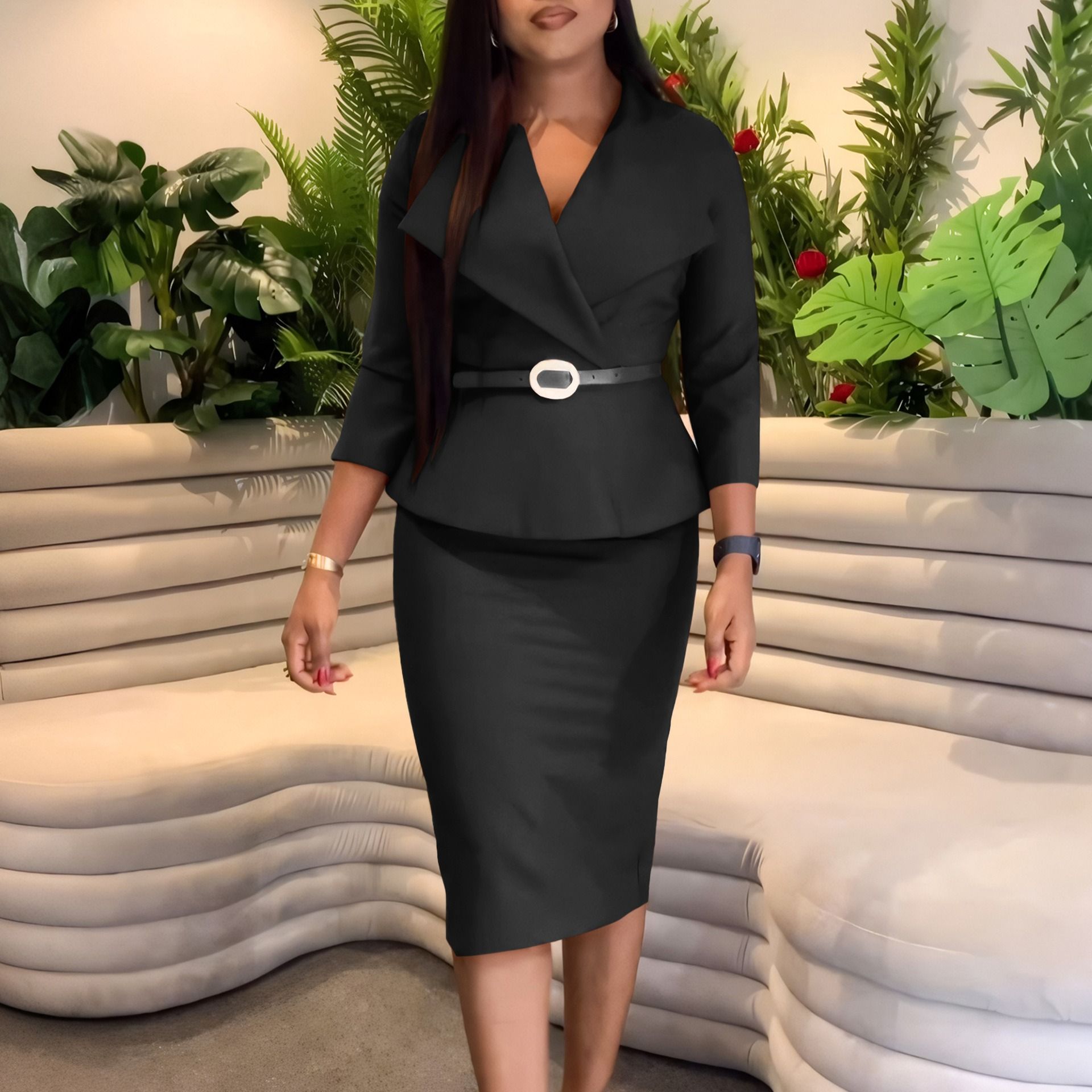 Foreign trade Africa fashion big lapel waist OL Tongle temperament elegant wrap hip pencil skirt temperament commuter cross-border dress