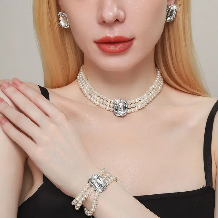 European and American luxury multi-layer imitation pearl geometric crystal choker earrings colored crystal necklace fashion exaggerated neck