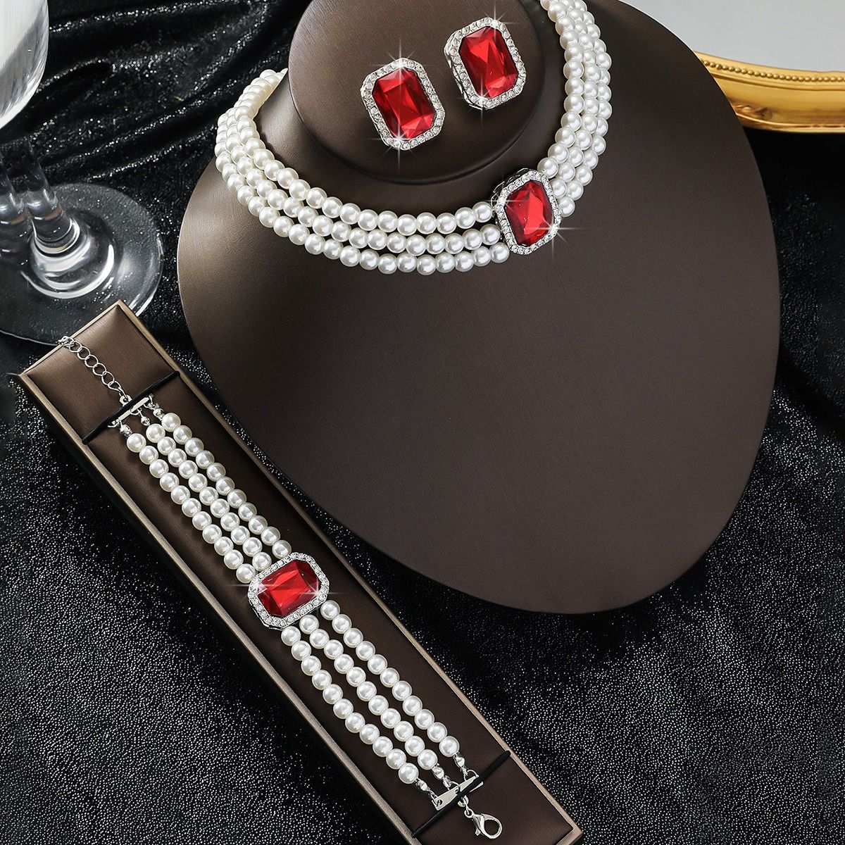 European and American luxury multi-layer imitation pearl geometric crystal choker earrings colored crystal necklace fashion exaggerated neck