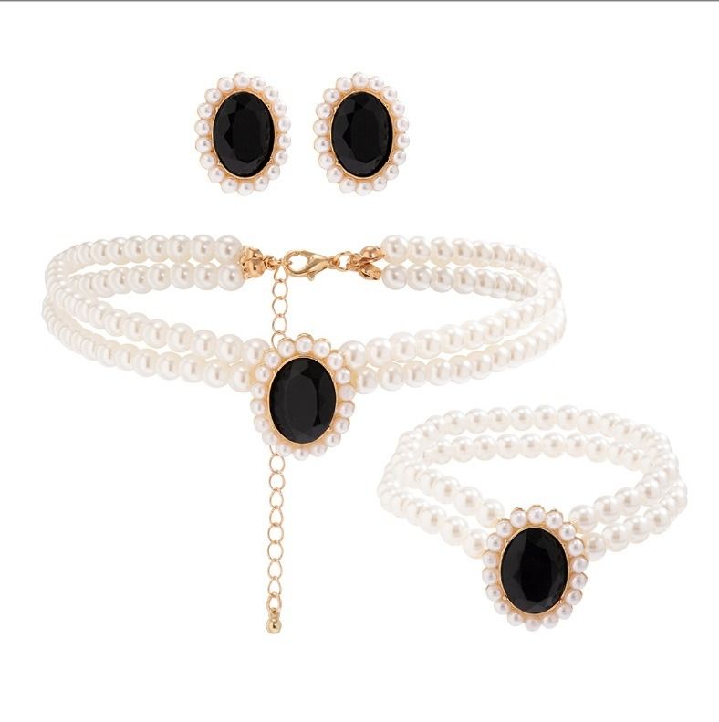 European and American luxury multi-layer imitation pearl geometric crystal choker earrings colored crystal necklace fashion exaggerated neck