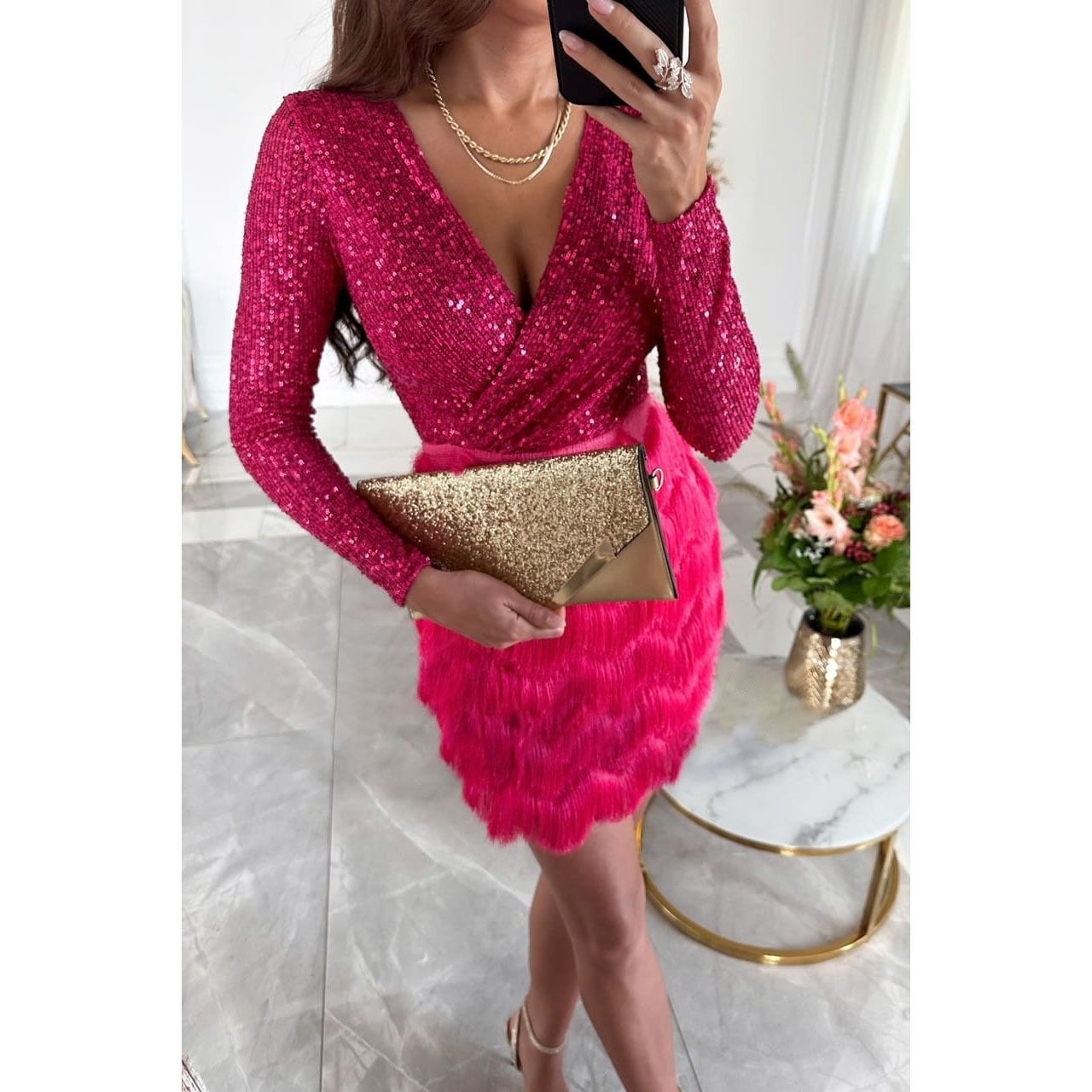 Cross-border 2024 Europe and the United States autumn and winter new party sequin multi-color dress INS casual loose women's dress