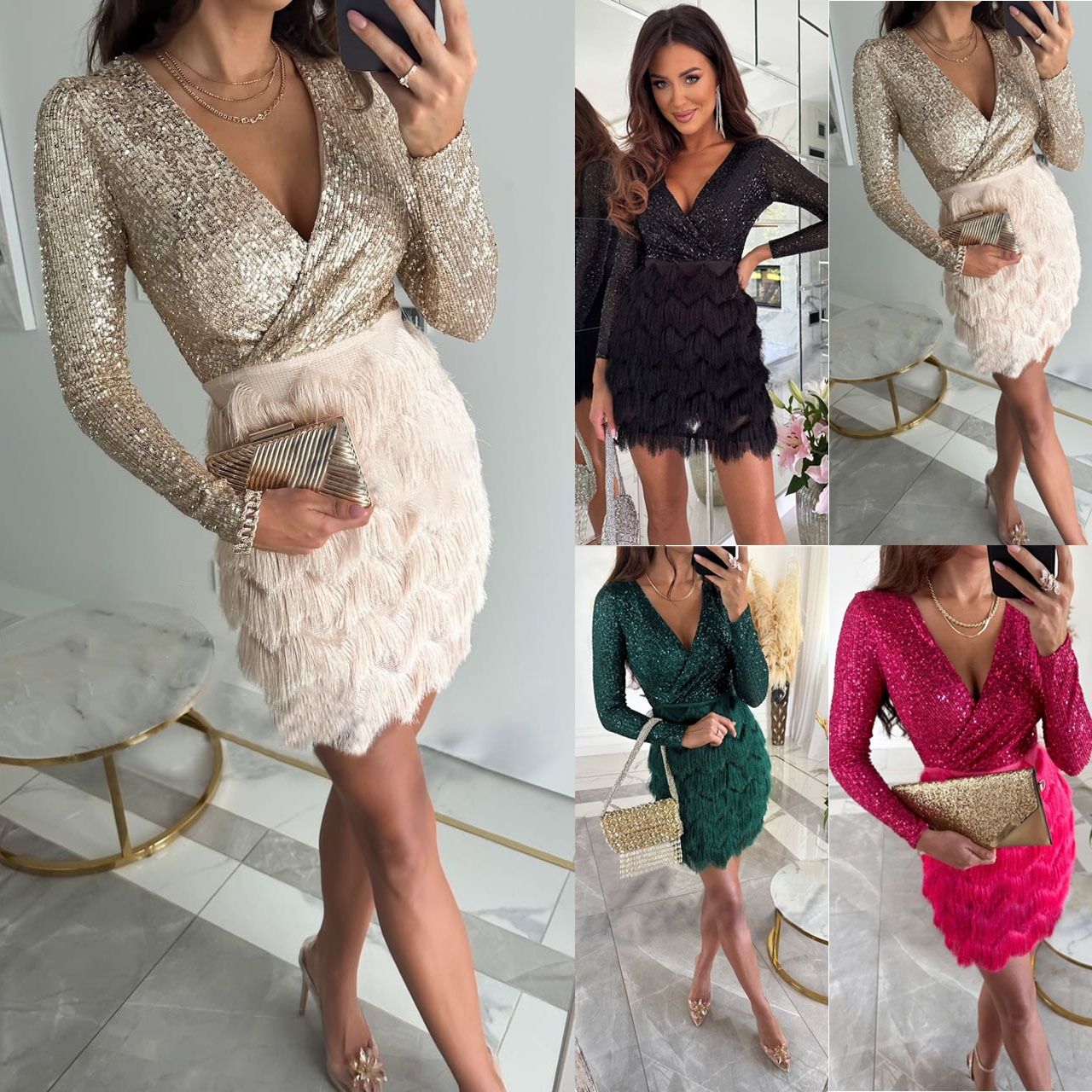 Cross-border 2024 Europe and the United States autumn and winter new party sequin multi-color dress INS casual loose women's dress