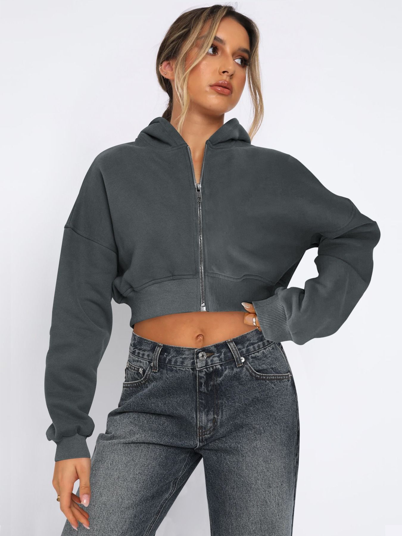 wish new street Europe and the United States wind long-sleeved top cross-border catch hair zipper cardigan hoodie casual coat women