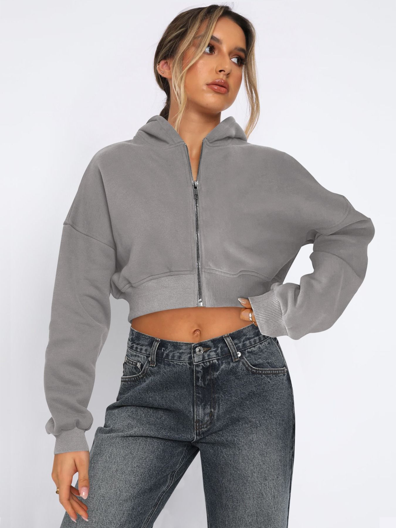 wish new street Europe and the United States wind long-sleeved top cross-border catch hair zipper cardigan hoodie casual coat women
