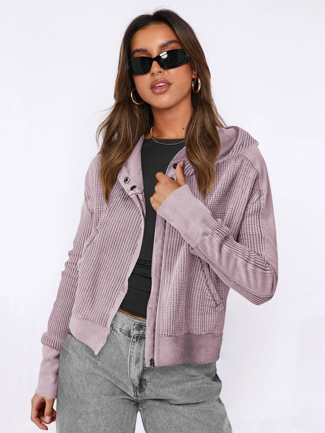 Africa 2024 new jacket splicing hoodie European and American women's hoodie lazy wind zipper hoodie short knitwear