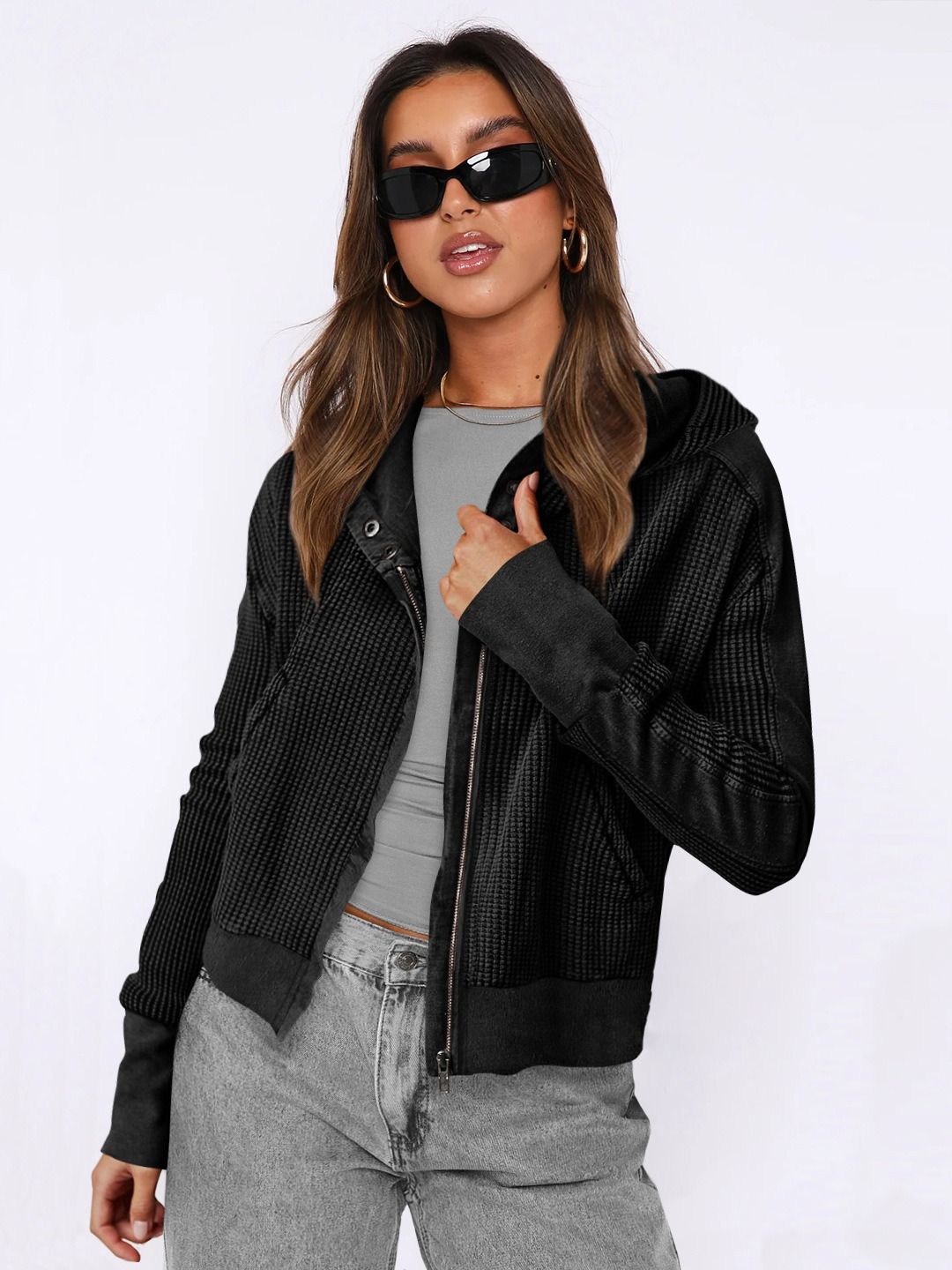 Africa 2024 new jacket splicing hoodie European and American women's hoodie lazy wind zipper hoodie short knitwear