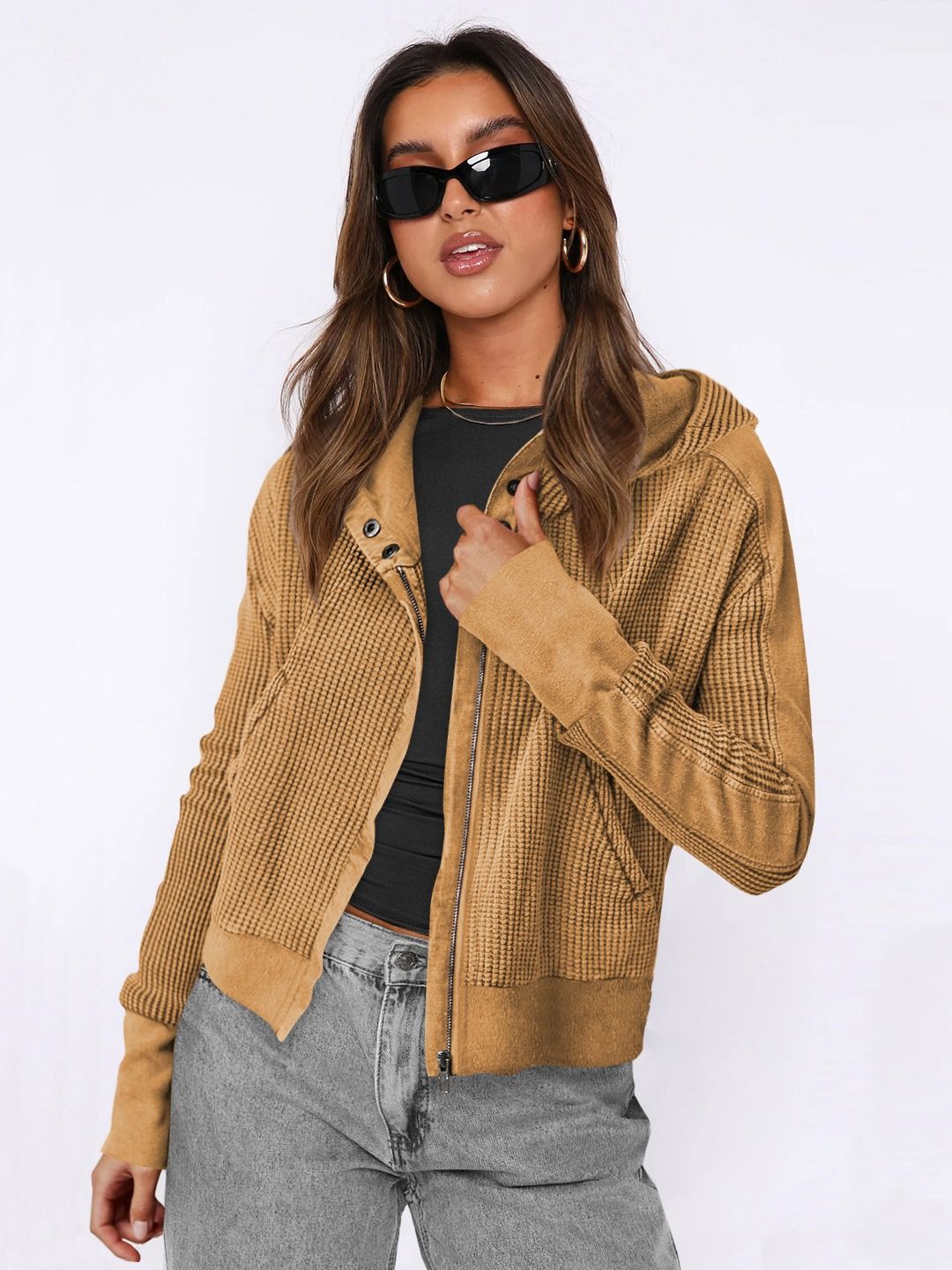 Africa 2024 new jacket splicing hoodie European and American women's hoodie lazy wind zipper hoodie short knitwear