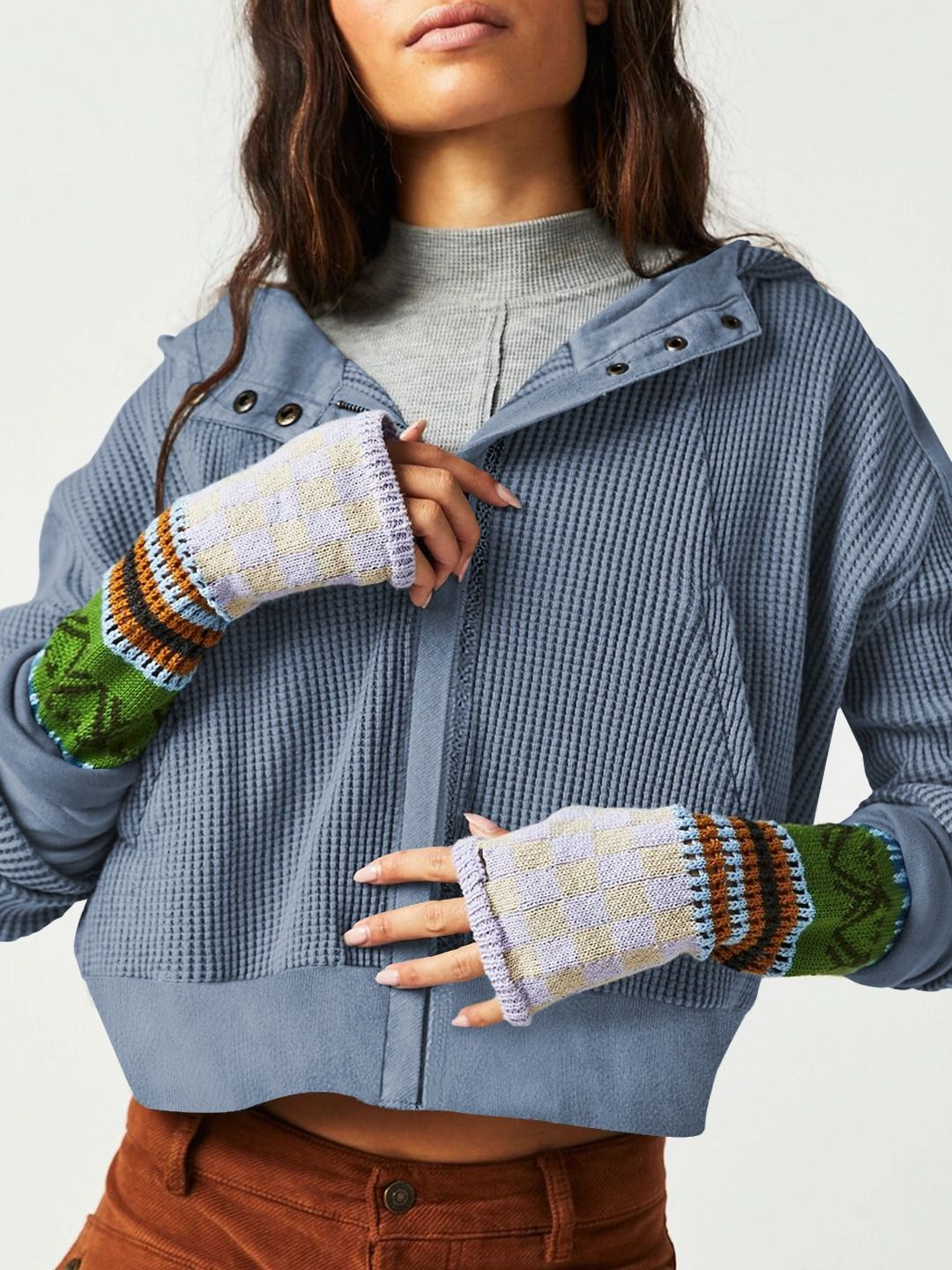 Africa 2024 new jacket splicing hoodie European and American women's hoodie lazy wind zipper hoodie short knitwear