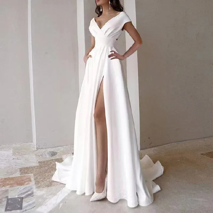 2024 Cross-border breast wrap ruffled red black white mid-waist solid color commuter dress dress evening gown