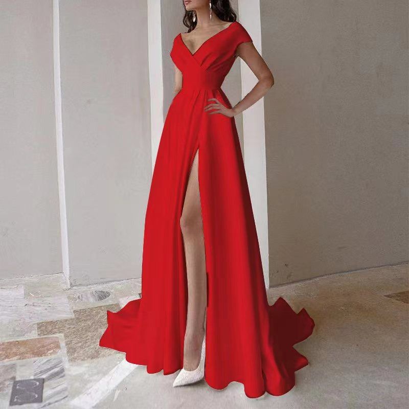 2024 Cross-border breast wrap ruffled red black white mid-waist solid color commuter dress dress evening gown