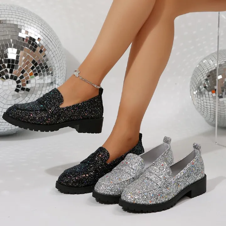 2025 autumn and winter new comfortable casual female flash drill shoes thick heel thick sole set foot loafers aunt foreign trade round head loafers women's shoes