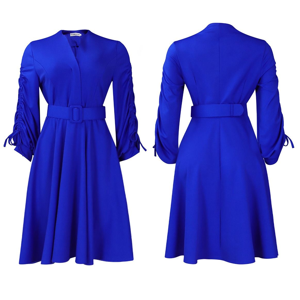 2025 Spring & Autumn Africa Europe America D471 Women's New Fashion V-neck Draw Rope Fold Skirt Elegant Large-size Dress Pleating Craft Long Sleeve Umbrella Skirt Elegant Style