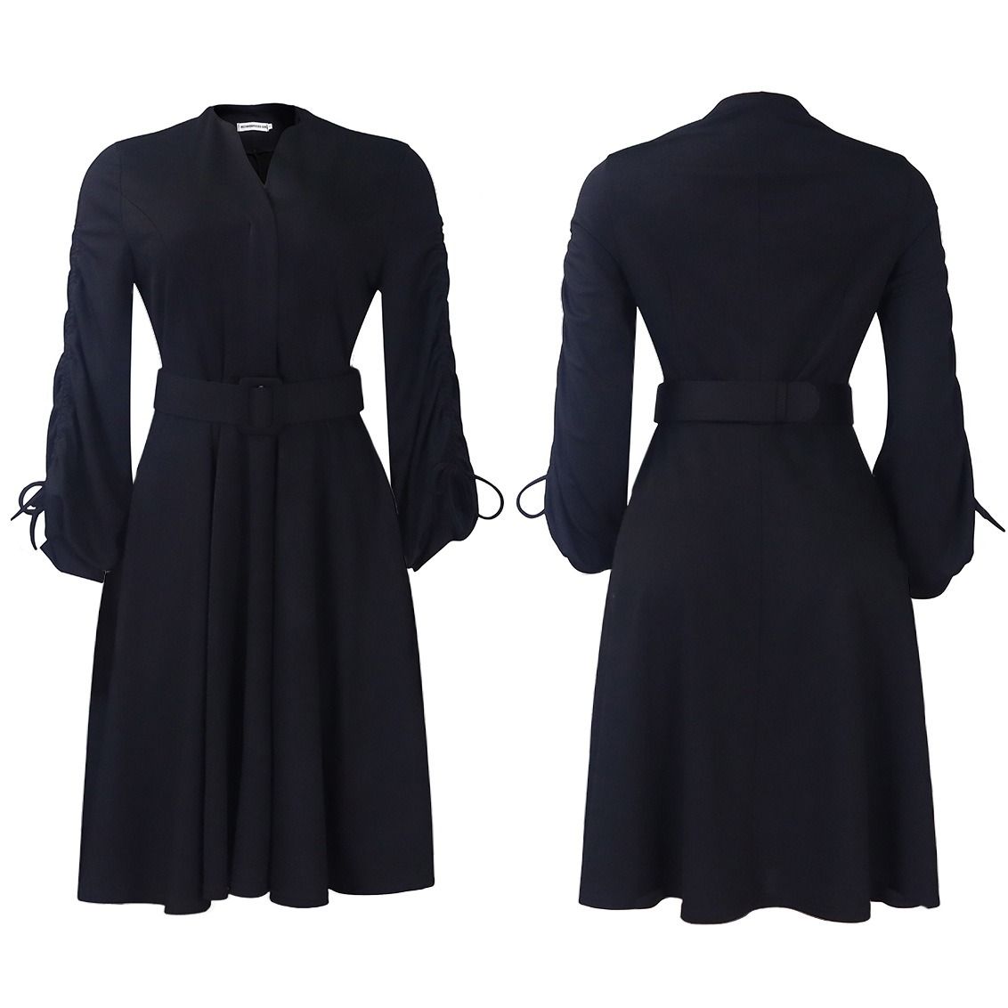 2025 Spring & Autumn Africa Europe America D471 Women's New Fashion V-neck Draw Rope Fold Skirt Elegant Large-size Dress Pleating Craft Long Sleeve Umbrella Skirt Elegant Style