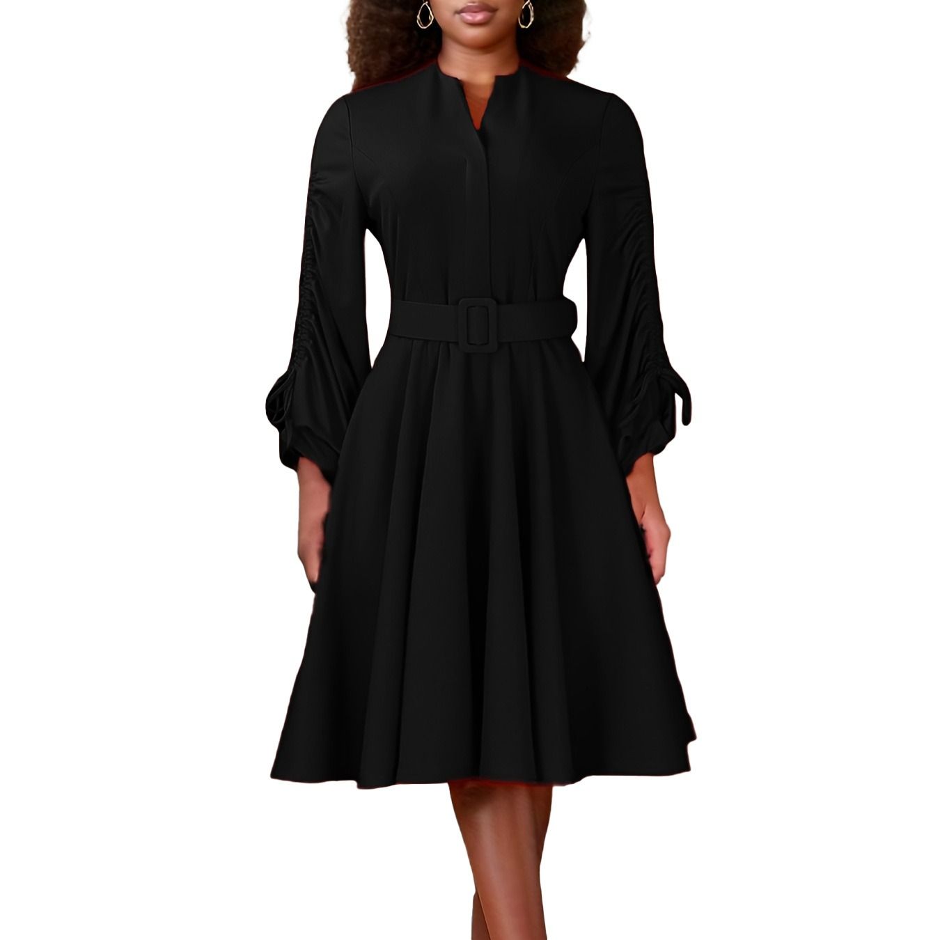 2025 Spring & Autumn Africa Europe America D471 Women's New Fashion V-neck Draw Rope Fold Skirt Elegant Large-size Dress Pleating Craft Long Sleeve Umbrella Skirt Elegant Style